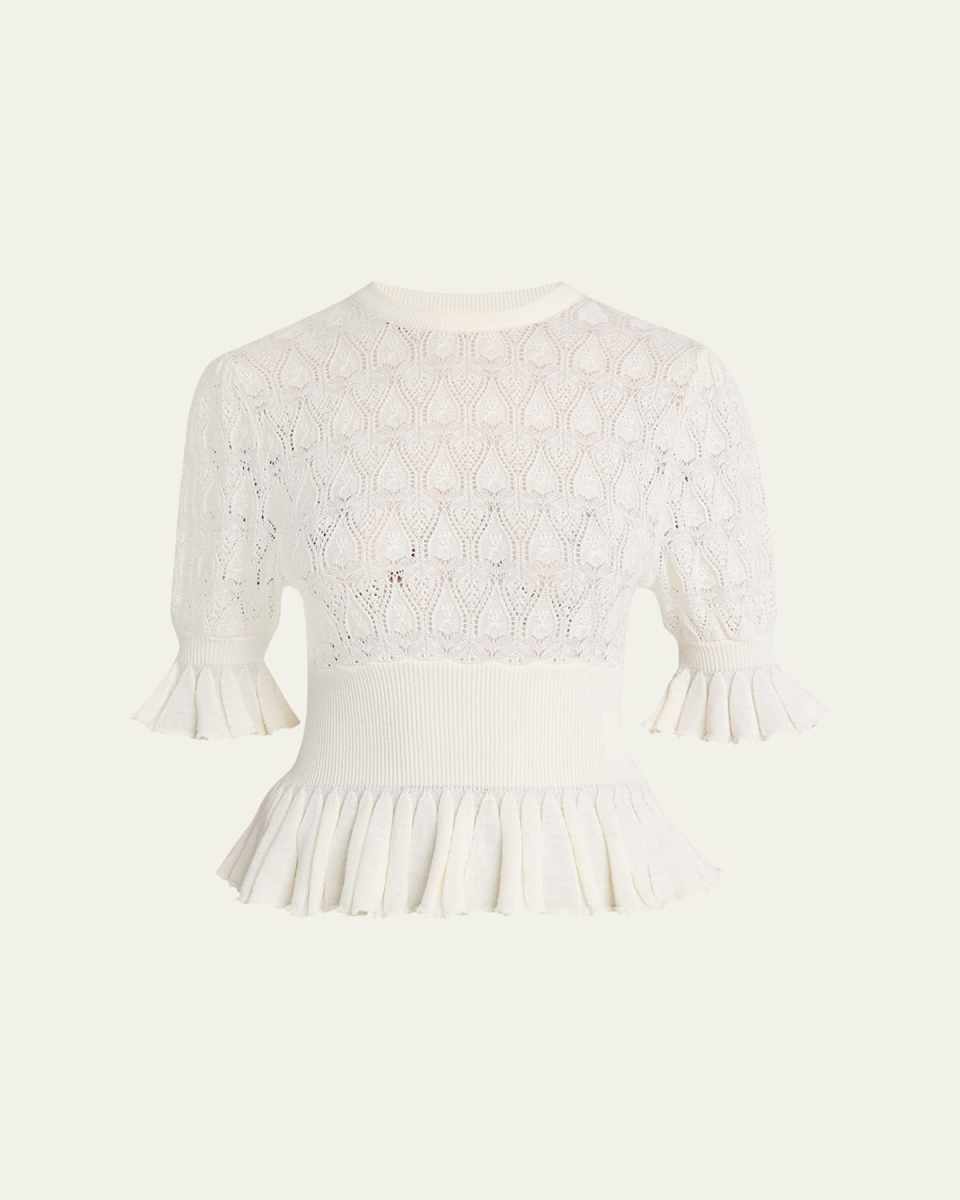 Short-Sleeve Pointelle Peplum Sweater